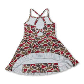 Camo print kids girls athletic dress with short sleeves by Mini Rodeo, featuring straps and sporty design for active wear.