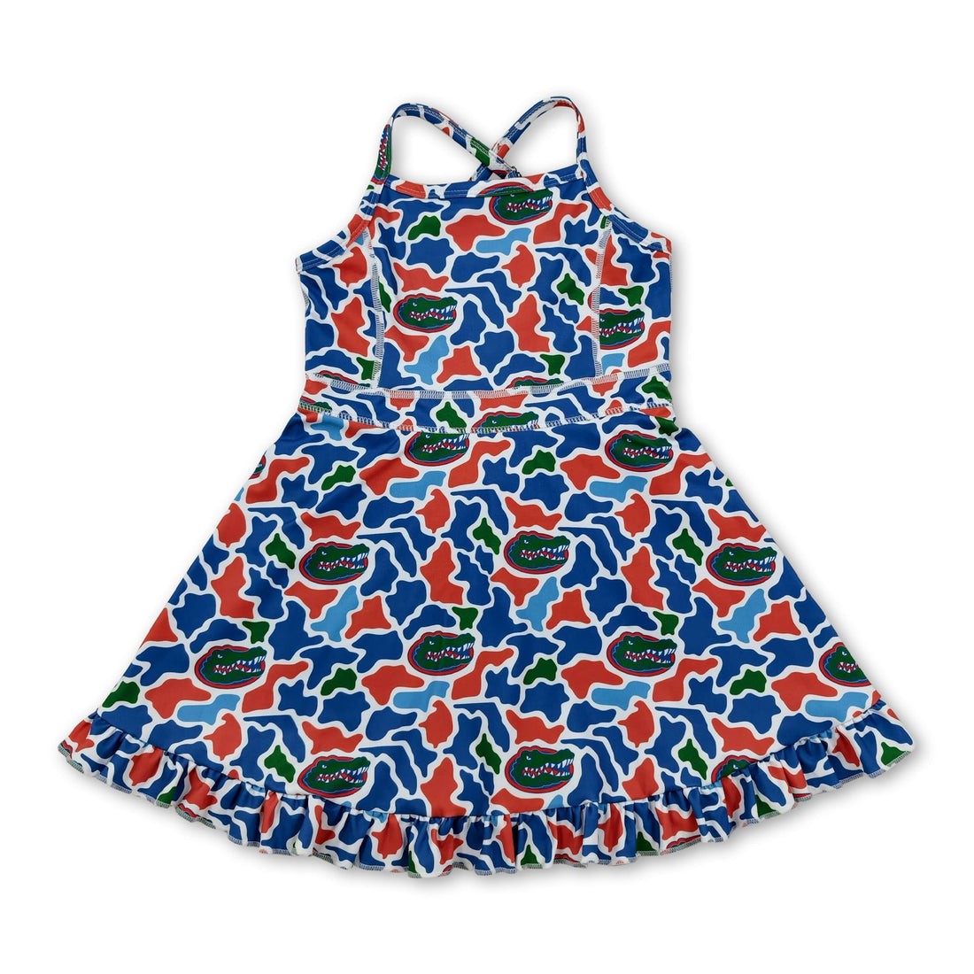 Mini Rodeo camo crocodile kids girls short sleeve athletic dress with straps, featuring a fun camouflage pattern and team style design.