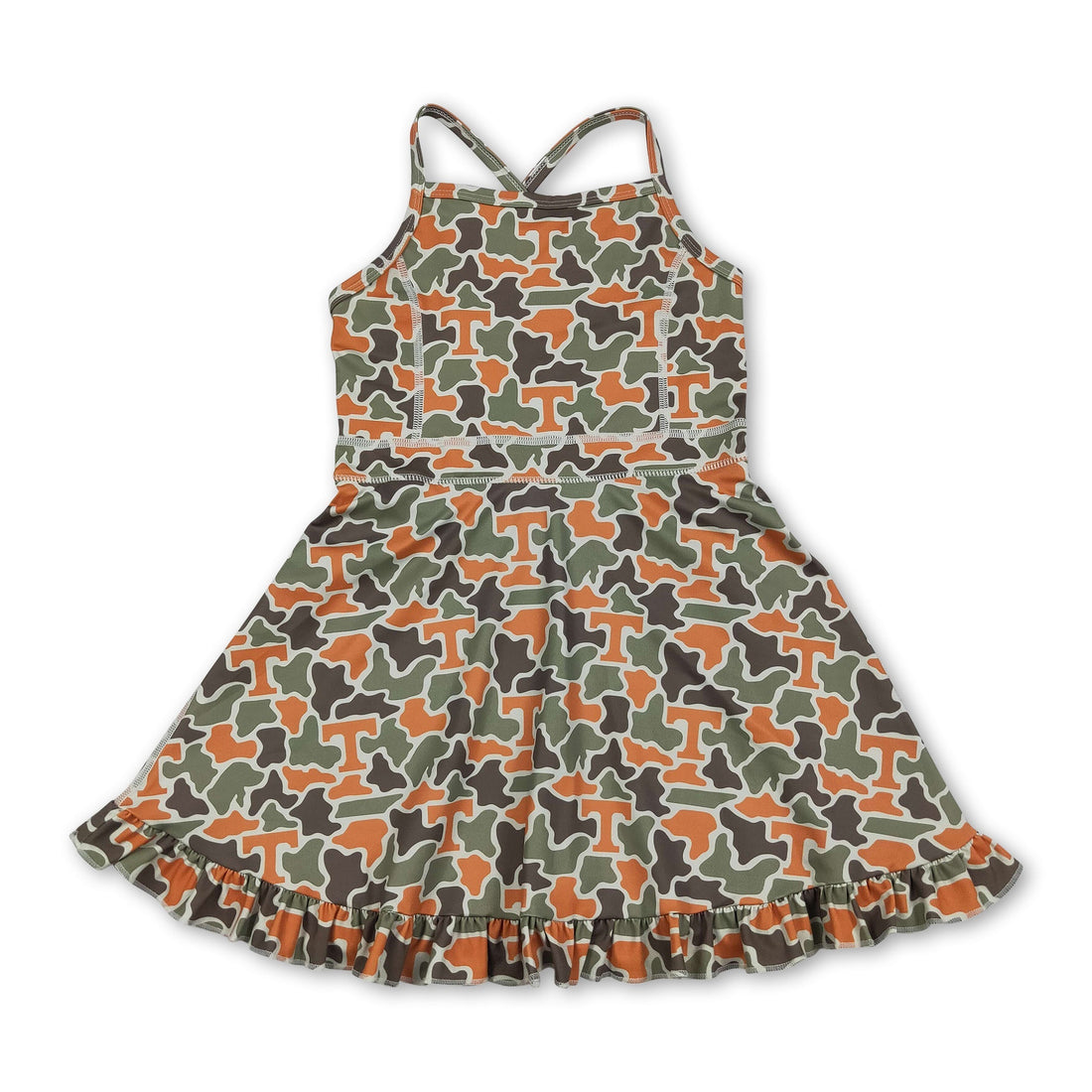 Kids girls sleeveless camo athletic dress by Mini Rodeo, short sleeve team dress with sporty style and camouflage pattern.