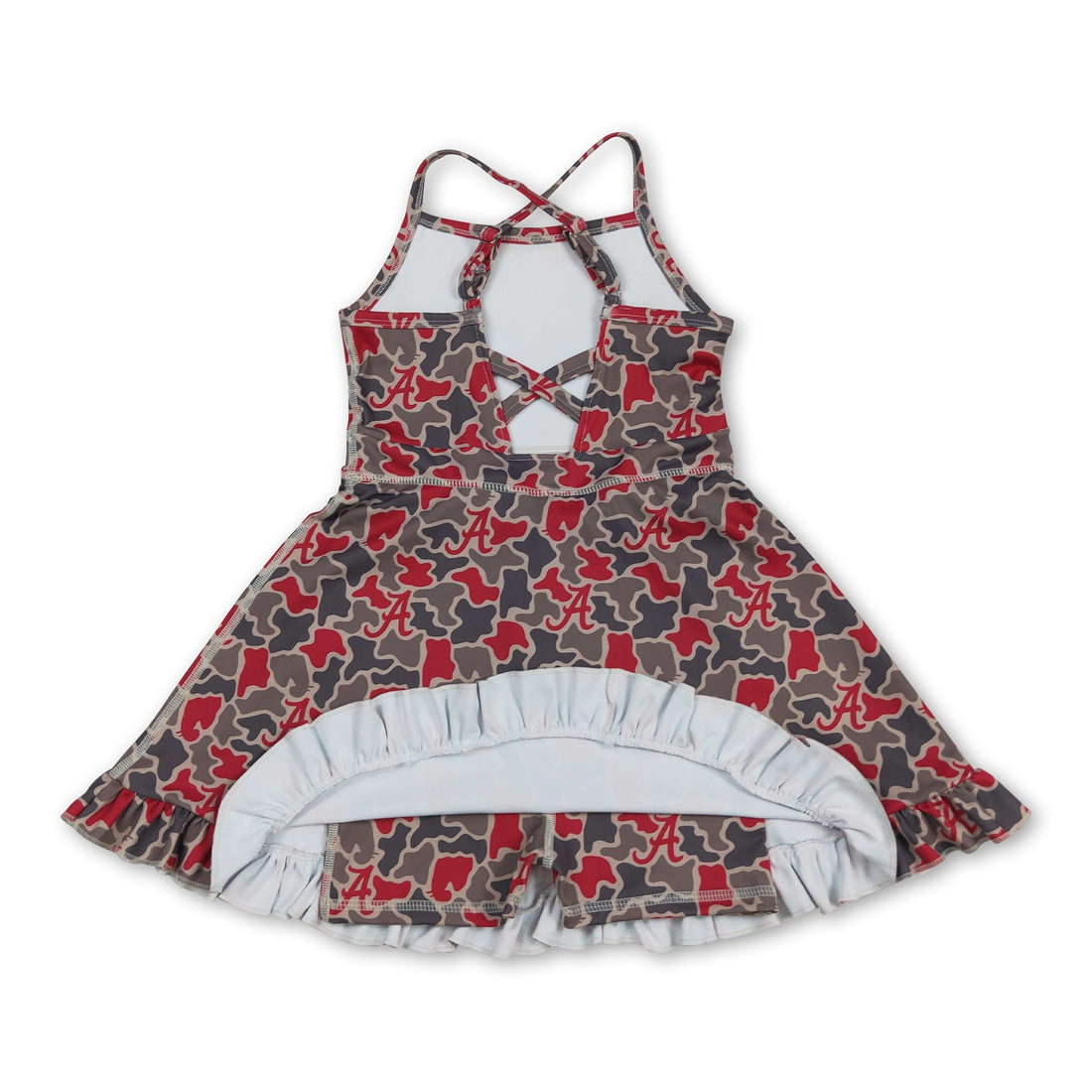 Kids girls athletic sleeveless camo dress by Mini Rodeo, featuring a short sleeve design and team sports style.