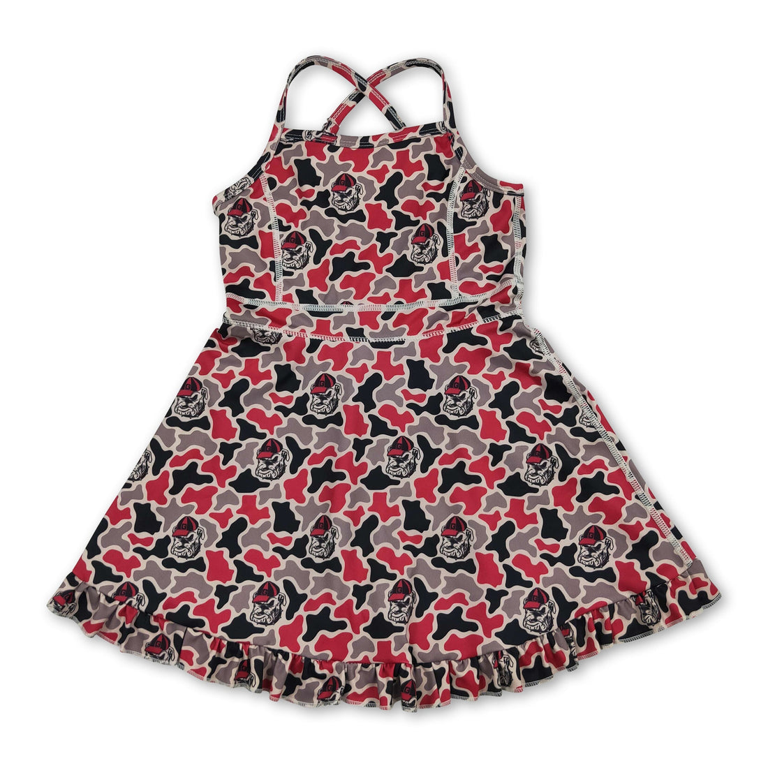 Camo print short sleeve athletic dress for girls by Mini Rodeo, featuring straps and a sporty team style for kids.
