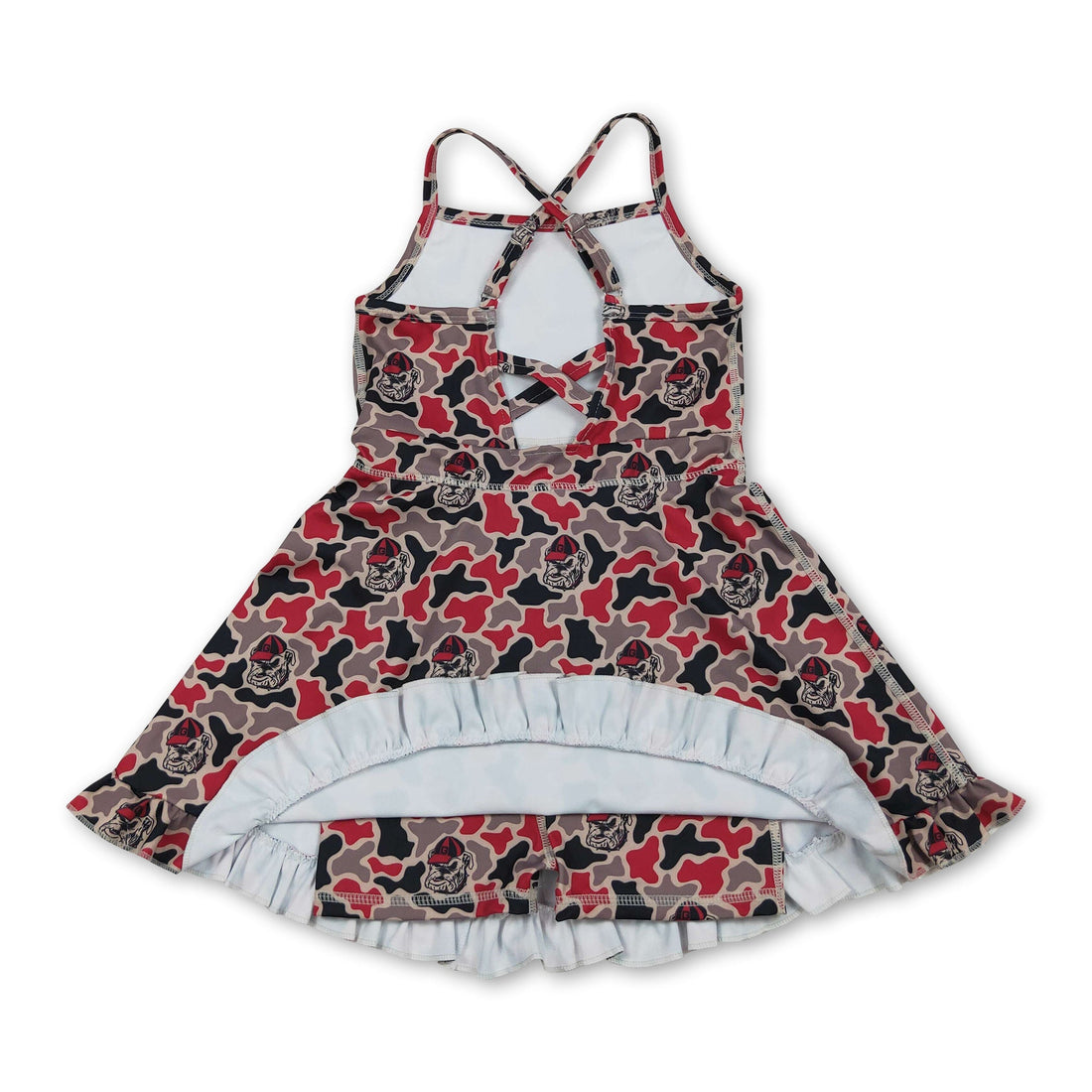 Camo print short sleeve athletic dress for kids and girls by Mini Rodeo, featuring straps and team-inspired style.