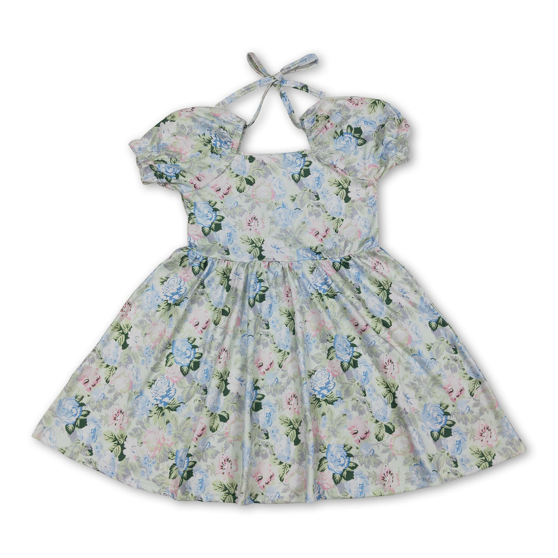 Light blue and pink floral short sleeve summer dress for baby girls by Mini Rodeo, with a cute and comfortable design.