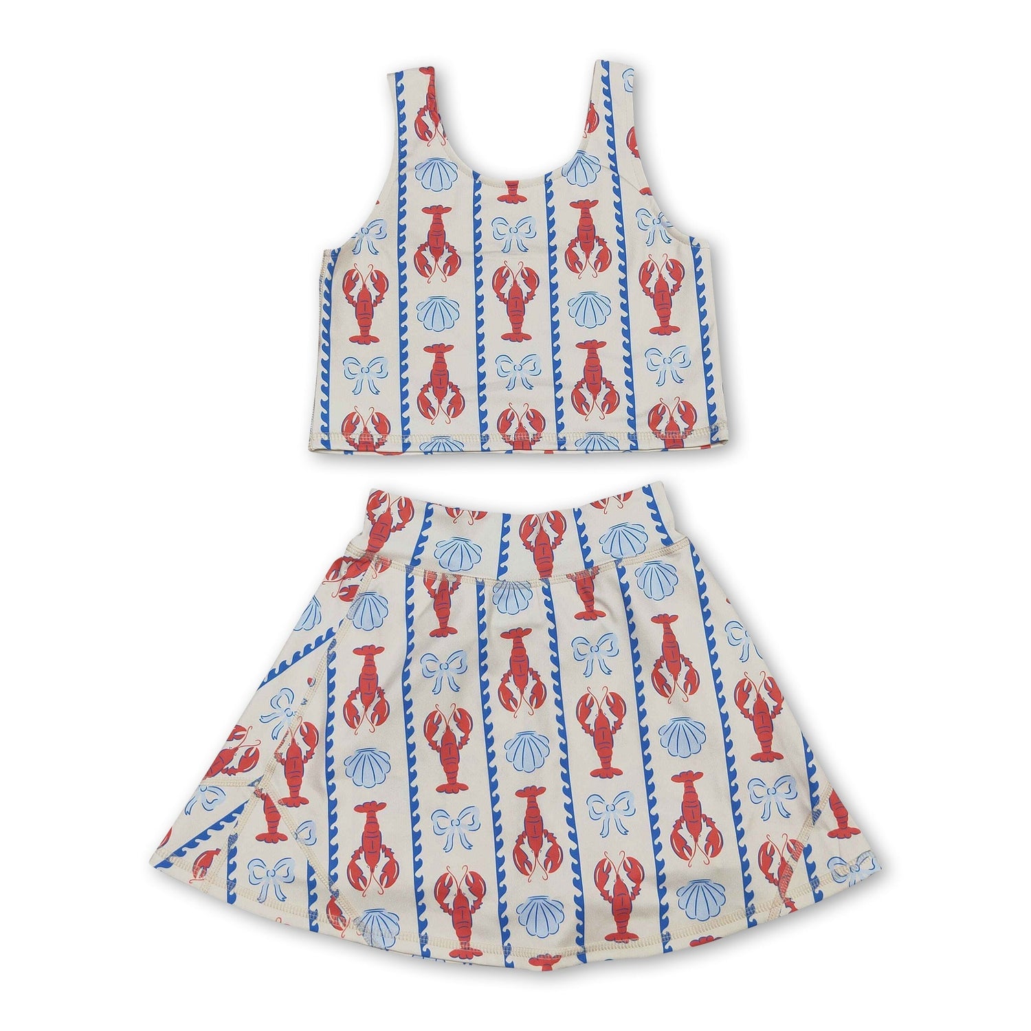 Sleeveless crawfish bow top skirt girls active wear set