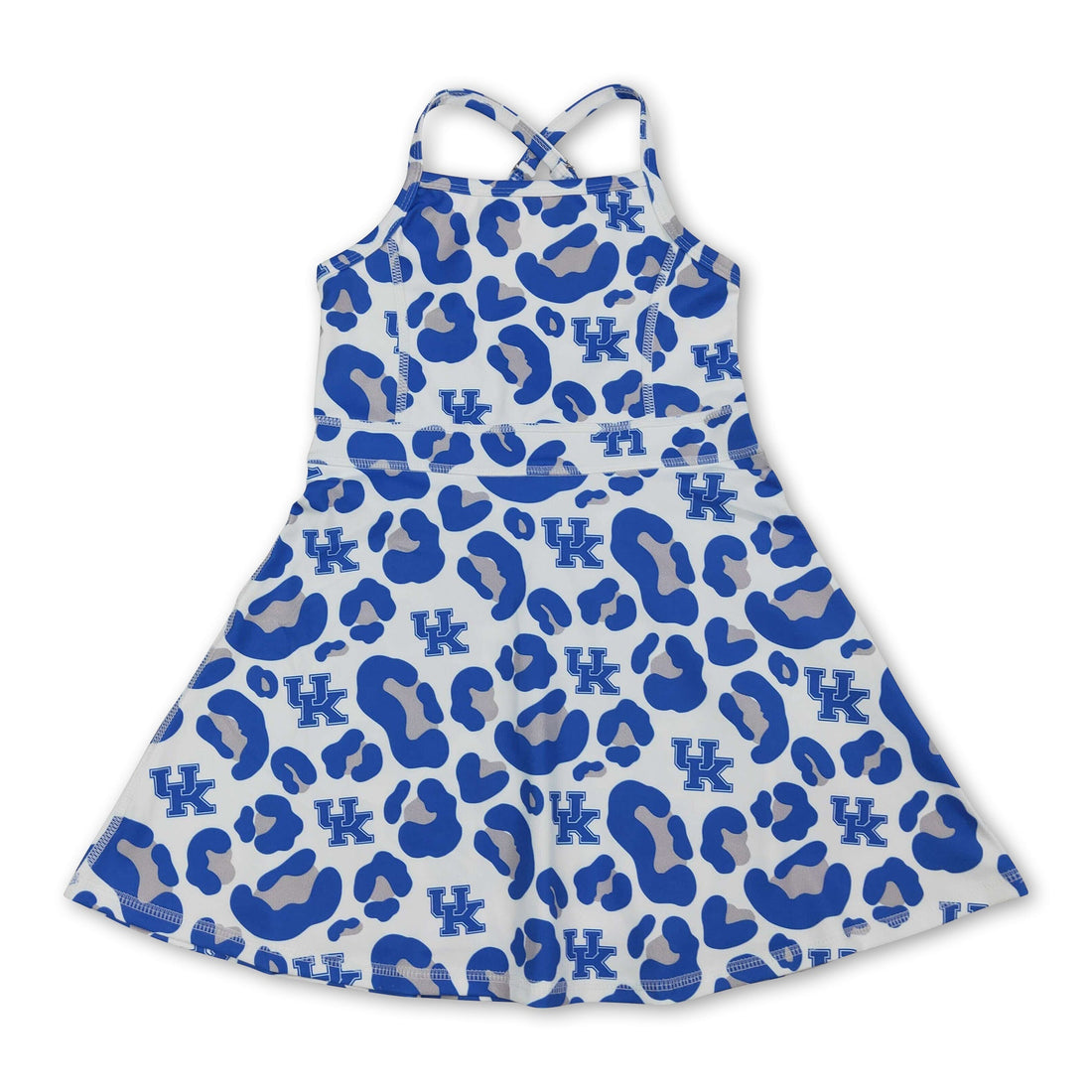 Blue leopard print short sleeve athletic dress for girls by Mini Rodeo, featuring straps and team sports style.