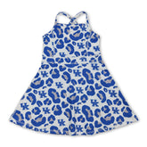 Blue leopard print short sleeve athletic dress for girls by Mini Rodeo, featuring straps and team sports style.