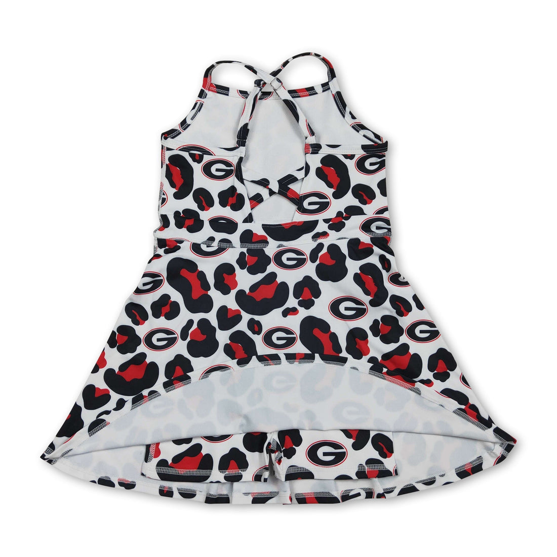 Red leopard print short sleeve athletic dress for girls by Mini Rodeo, featuring straps and team sports style.