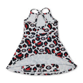Red leopard print short sleeve athletic dress for girls by Mini Rodeo, featuring straps and team sports style.