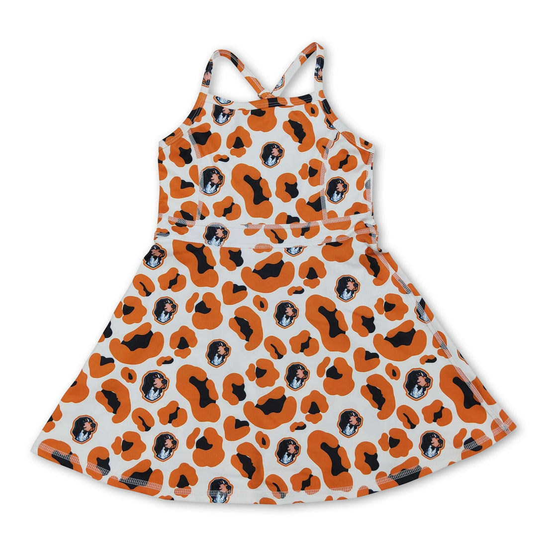 Leopard print short sleeve athletic dress for girls by Mini Rodeo, featuring straps and a sporty design.