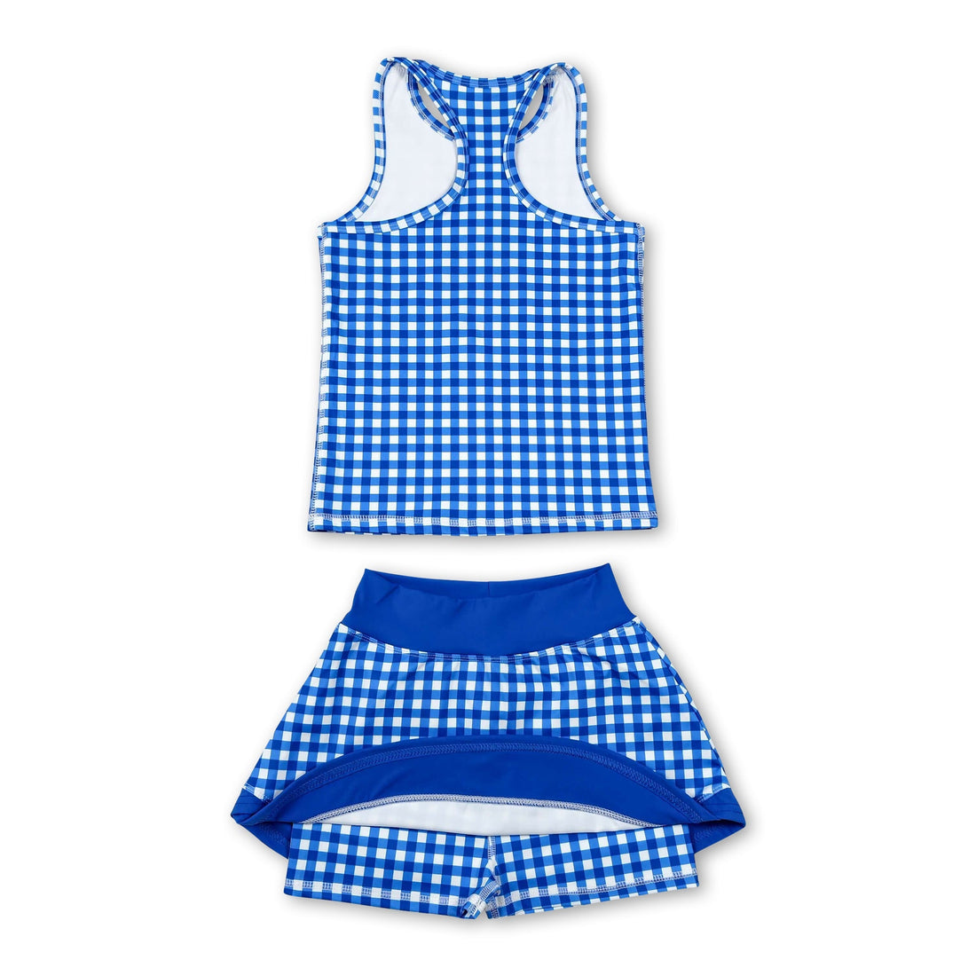Kids girl sleeveless blue plaid top and skirt set by Mini Rodeo, featuring a short-sleeve girl’s active outfit with a stylish pattern.