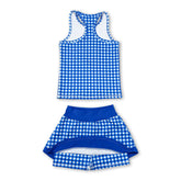 Kids girl sleeveless blue plaid top and skirt set by Mini Rodeo, featuring a short-sleeve girl’s active outfit with a stylish pattern.