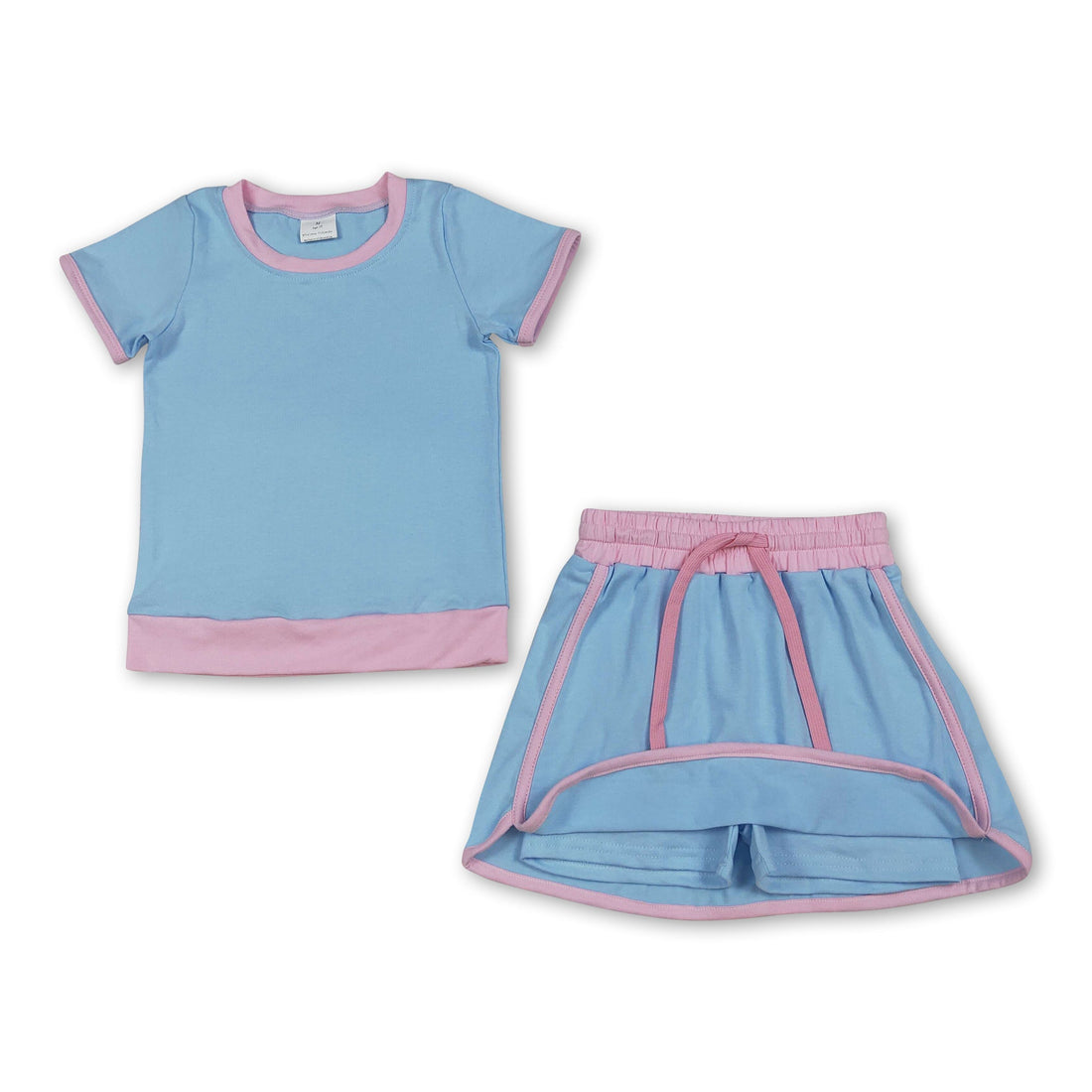 Light blue and pink cotton girl short sleeves top and skirt set by Mini Rodeo, perfect for summer kids&