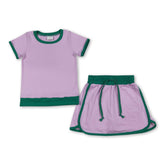 Pink and green cotton girl short sleeves top and skirt set by Mini Rodeo, perfect for kids&