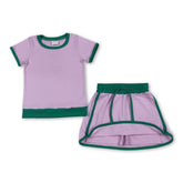 Pink and green cotton girl short sleeves top and skirt set for summer, from Mini Rodeo, for kids and girls.