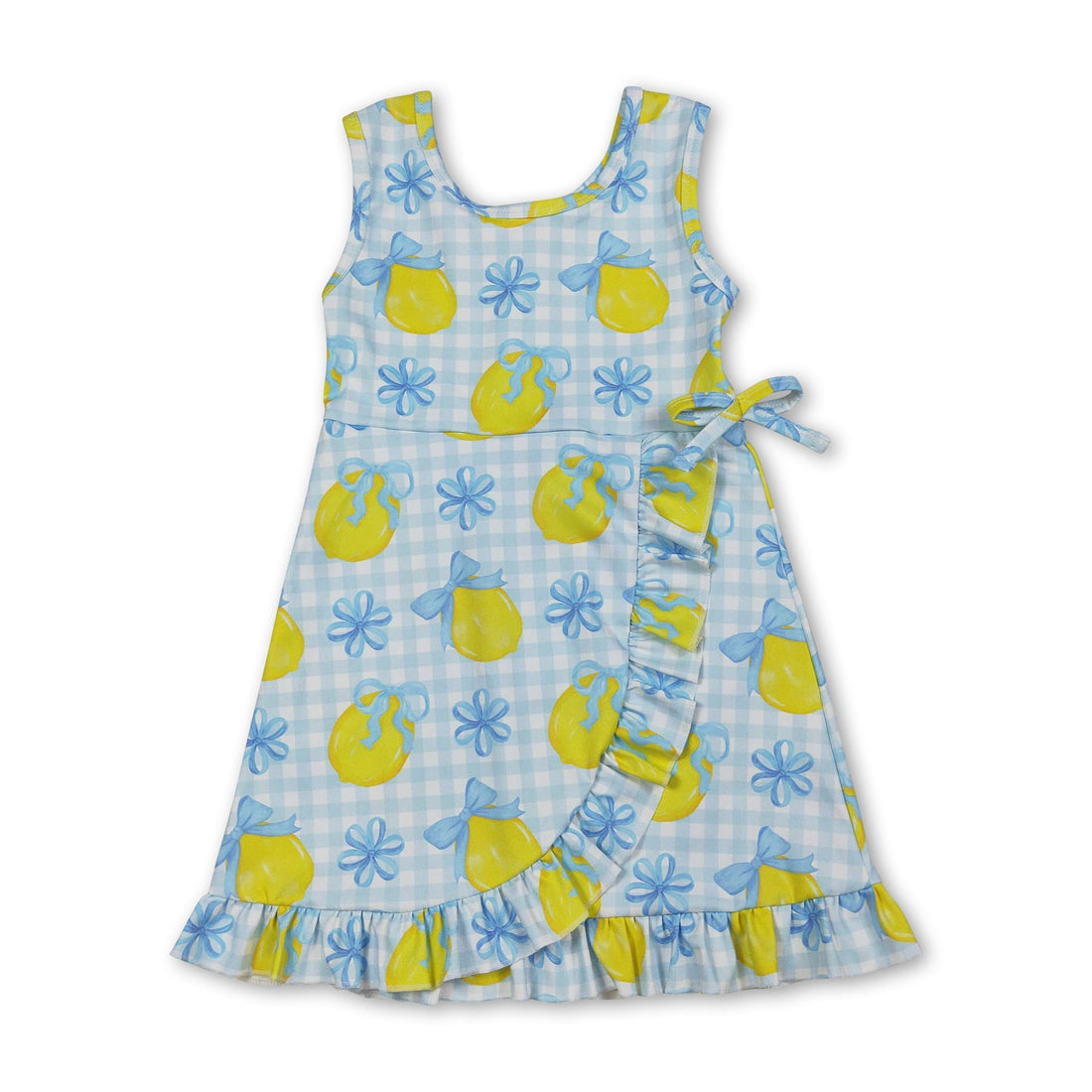 Light blue plaid sleeveless summer dress for girls with a bow, designed by Mini Rodeo, featuring a lemon print and athletic style.