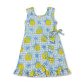 Light blue plaid sleeveless summer dress for girls with a bow, designed by Mini Rodeo, featuring a lemon print and athletic style.