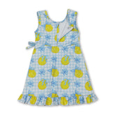 Light blue plaid sleeveless summer athletic dress for girls by Mini Rodeo, featuring a bow and lemon pattern, short sleeve design.