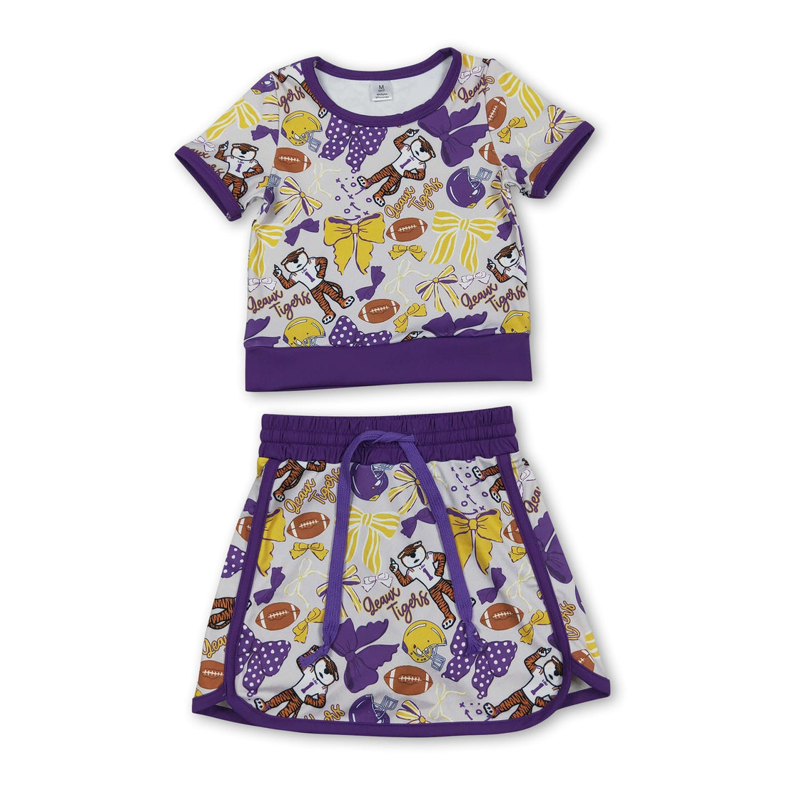Purple bow tiger girl short sleeves top and skirt set by Mini Rodeo, stylish active wear for girls.