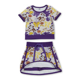 Purple bow tiger girl active wear set includes short sleeve top and skirt from Mini Rodeo, perfect for active play and fun.