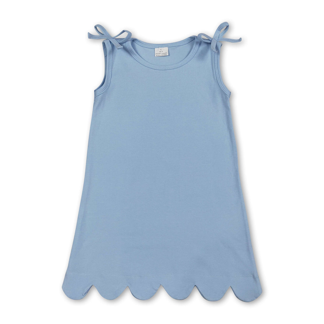 Light blue sleeveless cotton scallop summer dress for girls by Mini Rodeo, featuring a short sleeve design and scalloped hem.