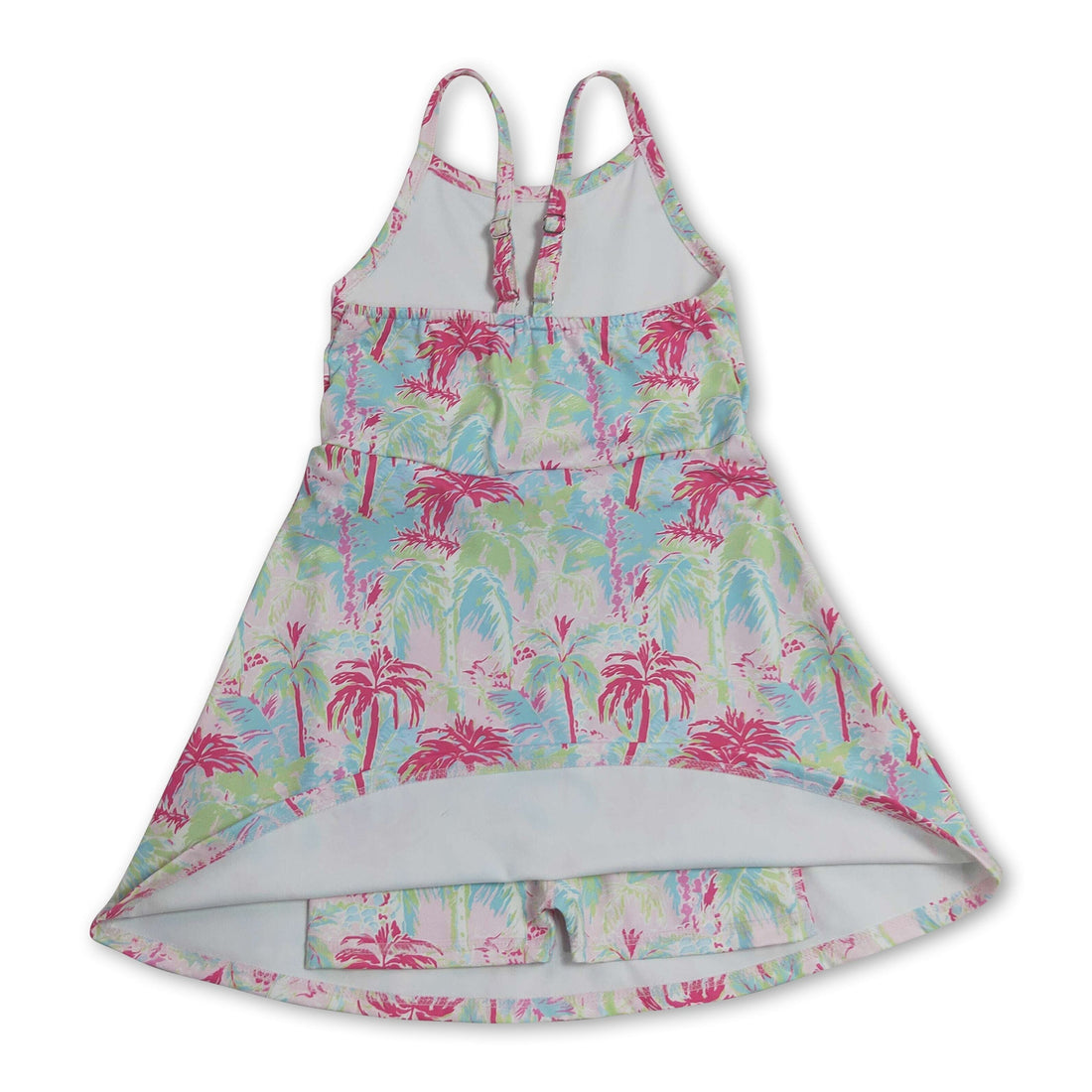 Colorful tree print short sleeve summer dress for girls by Mini Rodeo, featuring vibrant straps and playful design.