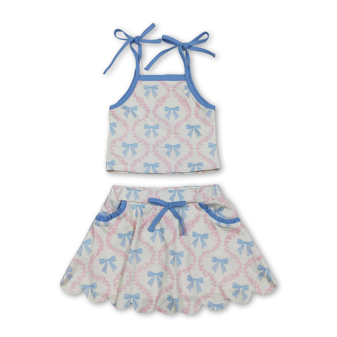 Light blue straps bow top and skirt set for girls by Mini Rodeo, featuring a short-sleeve top and matching skirt for active wear.