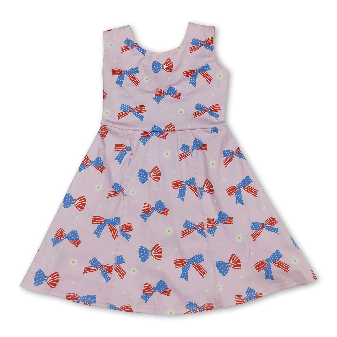 Kids girls 4th of July stars and stripe bow athletic short sleeve dress by Mini Rodeo, festive patriotic design for summer celebrations.