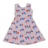 Kids girls 4th of July stars and stripe bow athletic short sleeve dress by Mini Rodeo, festive patriotic design for summer celebrations.