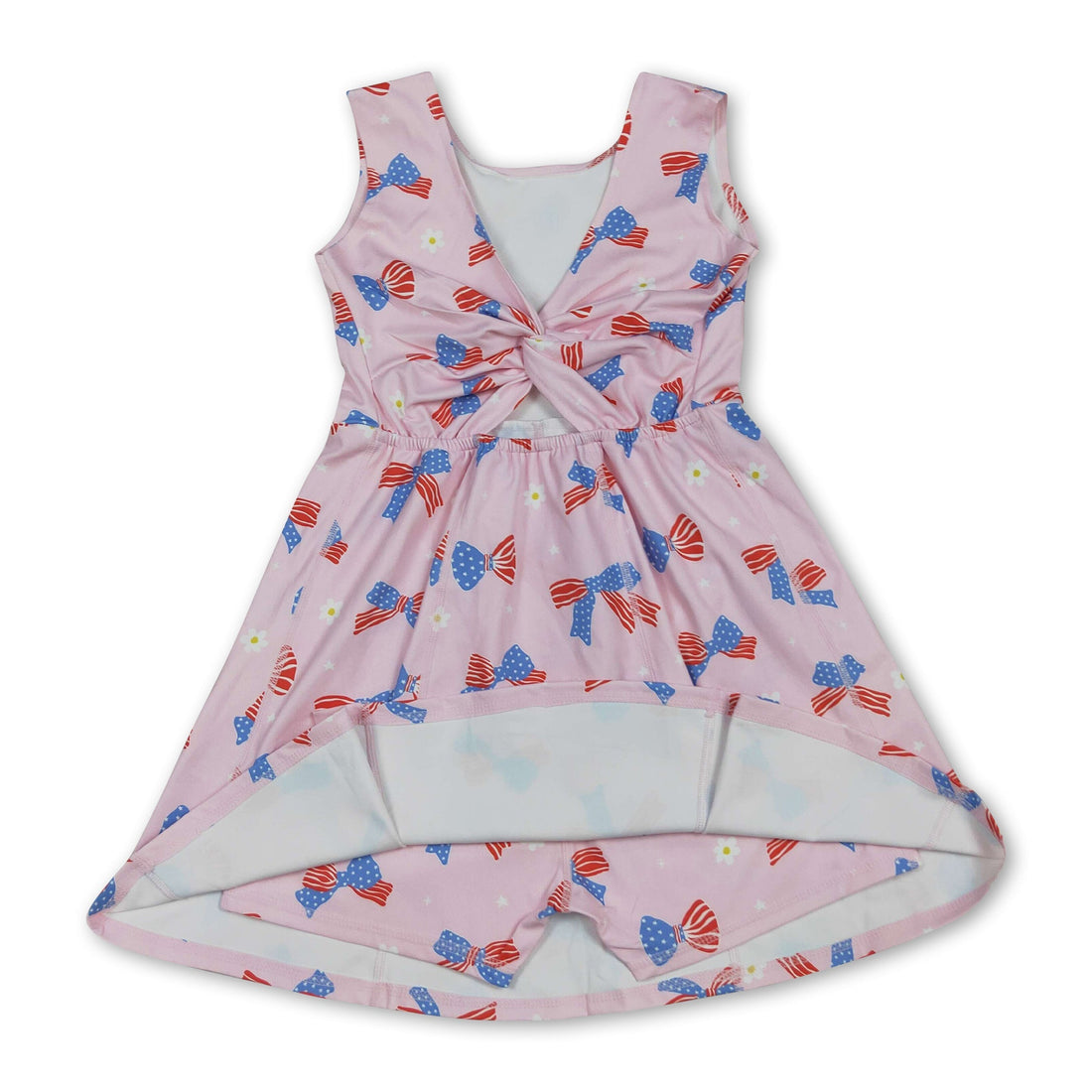 Kids girls Stars stripe bows 4th of July athletic dress by Mini Rodeo, featuring short sleeves and patriotic star and stripe design.