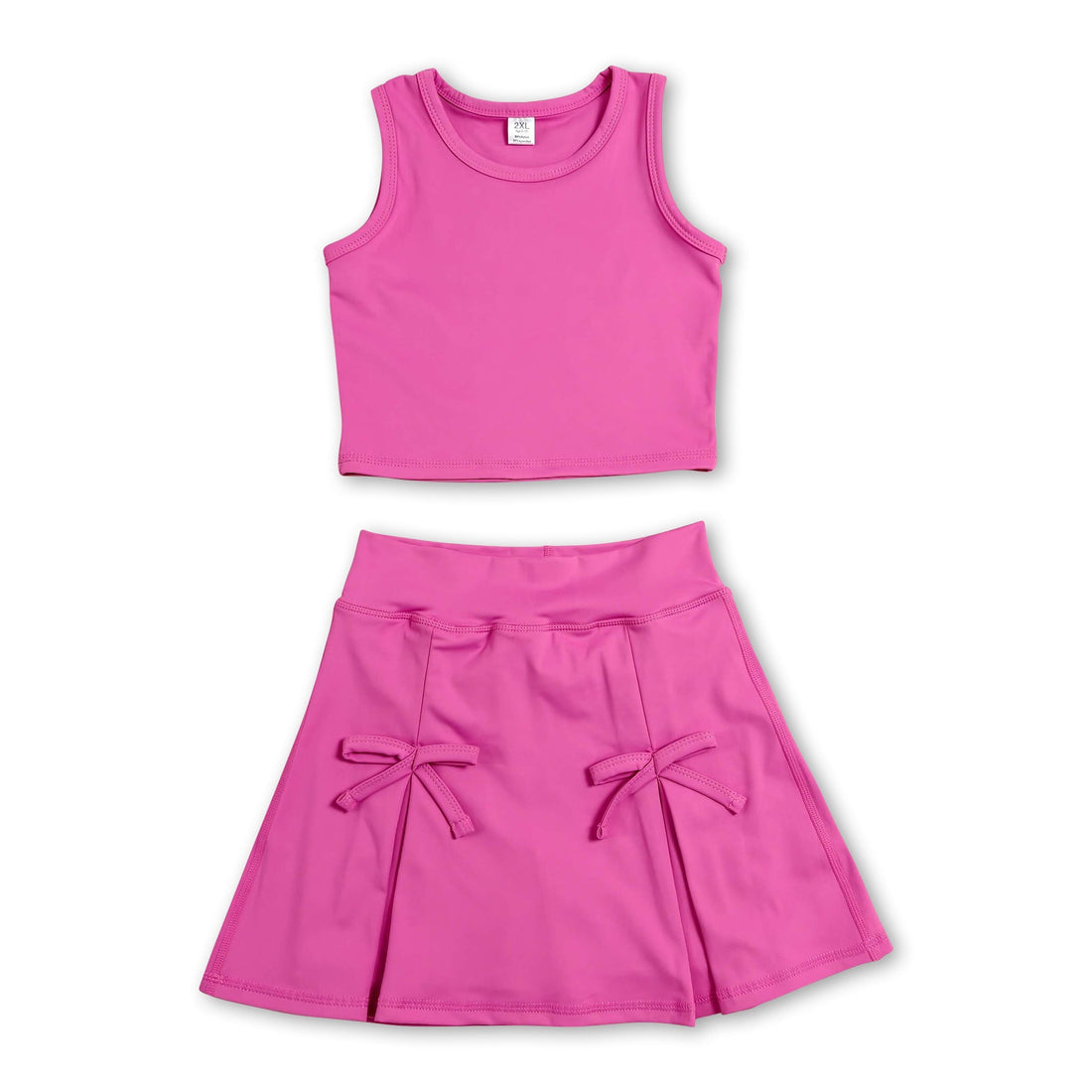 Mini Rodeo girl’s sleeveless hot pink crop top and skirt set, featuring a short-sleeve top and matching skirt for kids.