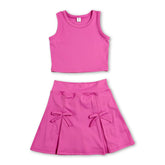 Mini Rodeo girl’s sleeveless hot pink crop top and skirt set, featuring a short-sleeve top and matching skirt for kids.