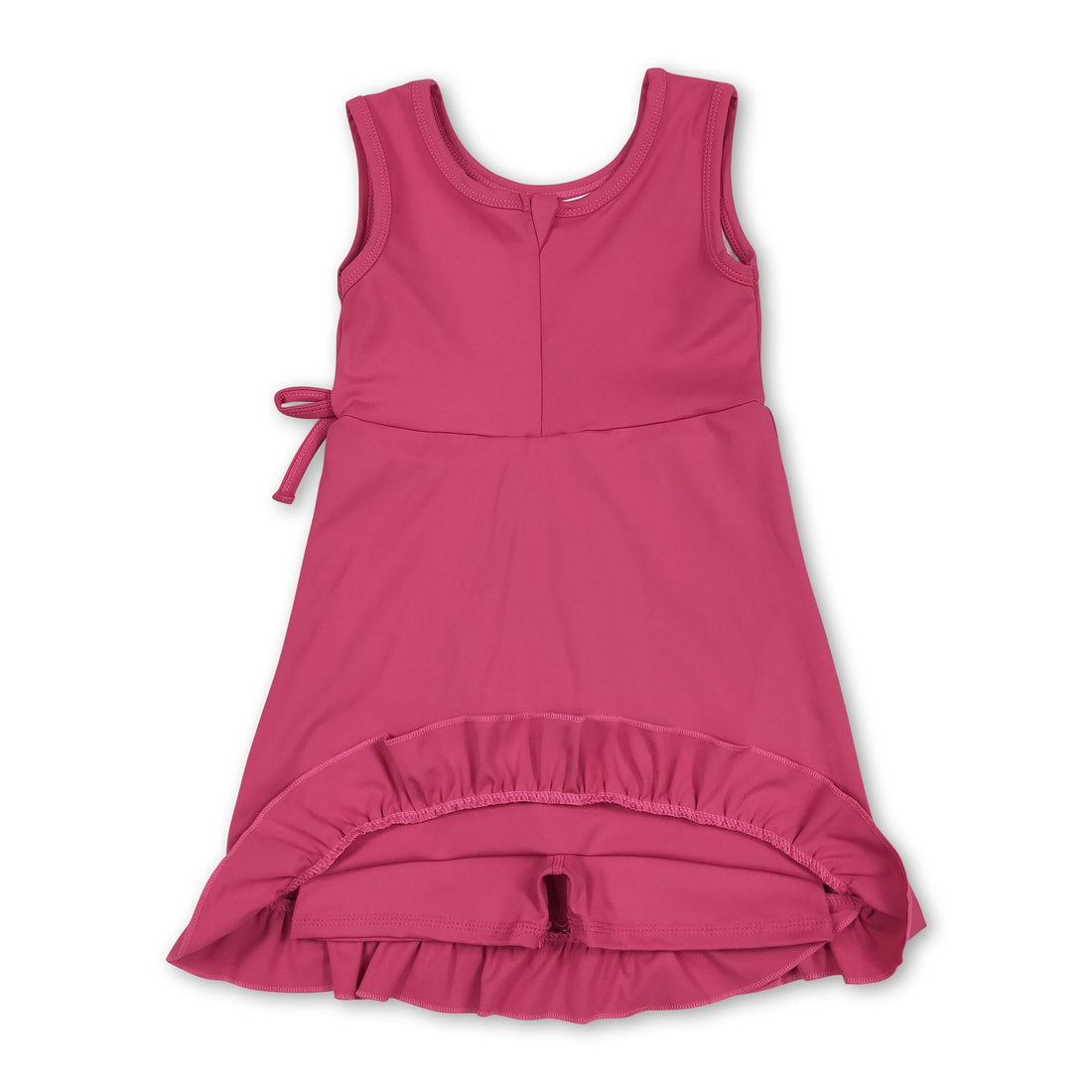 Kids girls sleeveless hot pink ruffle dress with bow detail by Mini Rodeo, perfect for summer athletic or casual wear.