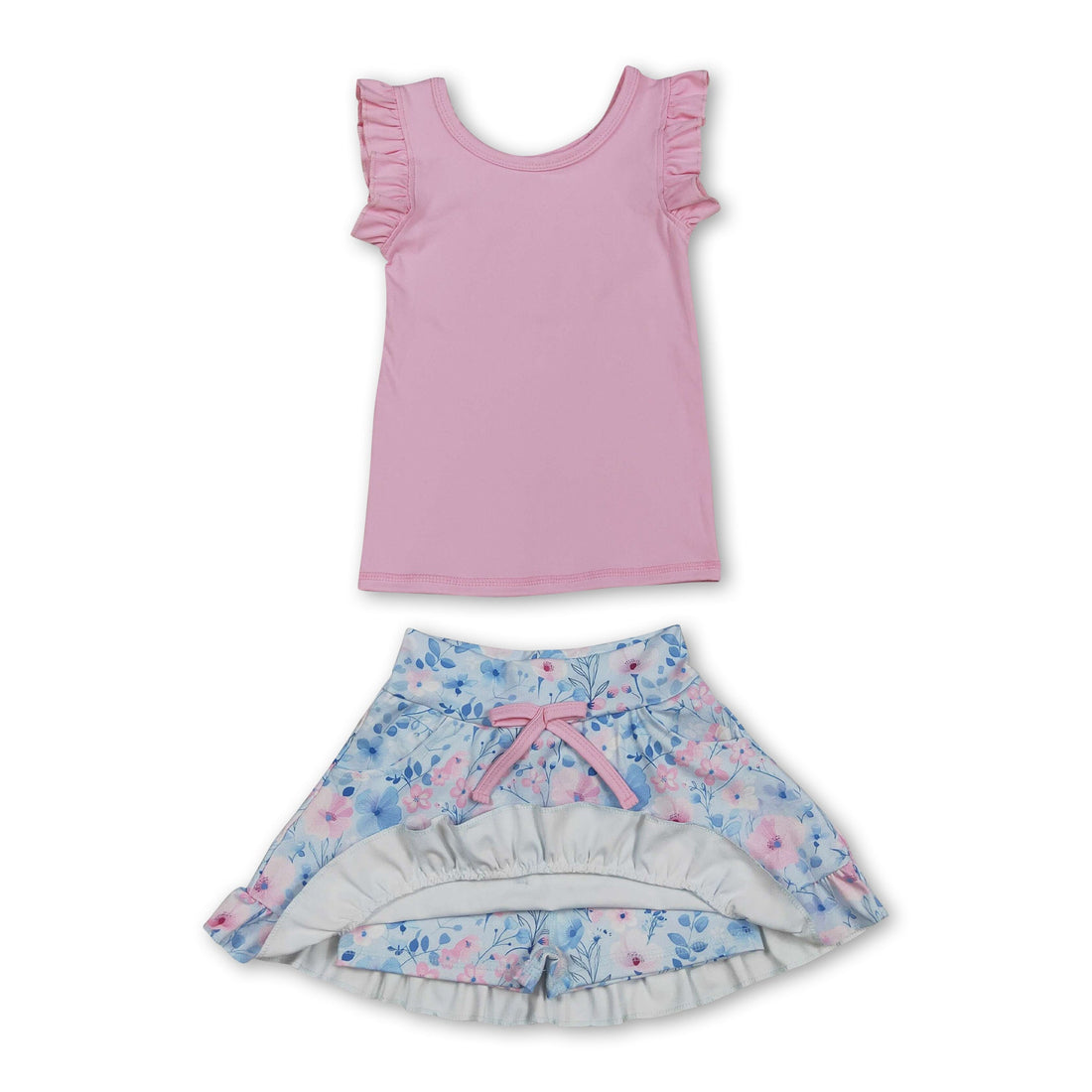 Pink sleeveless floral top and skirt set for girls, Mini Rodeo active wear with short sleeves and vibrant floral design.