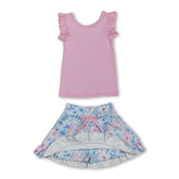 Pink sleeveless floral top and skirt set for girls, Mini Rodeo active wear with short sleeves and vibrant floral design.