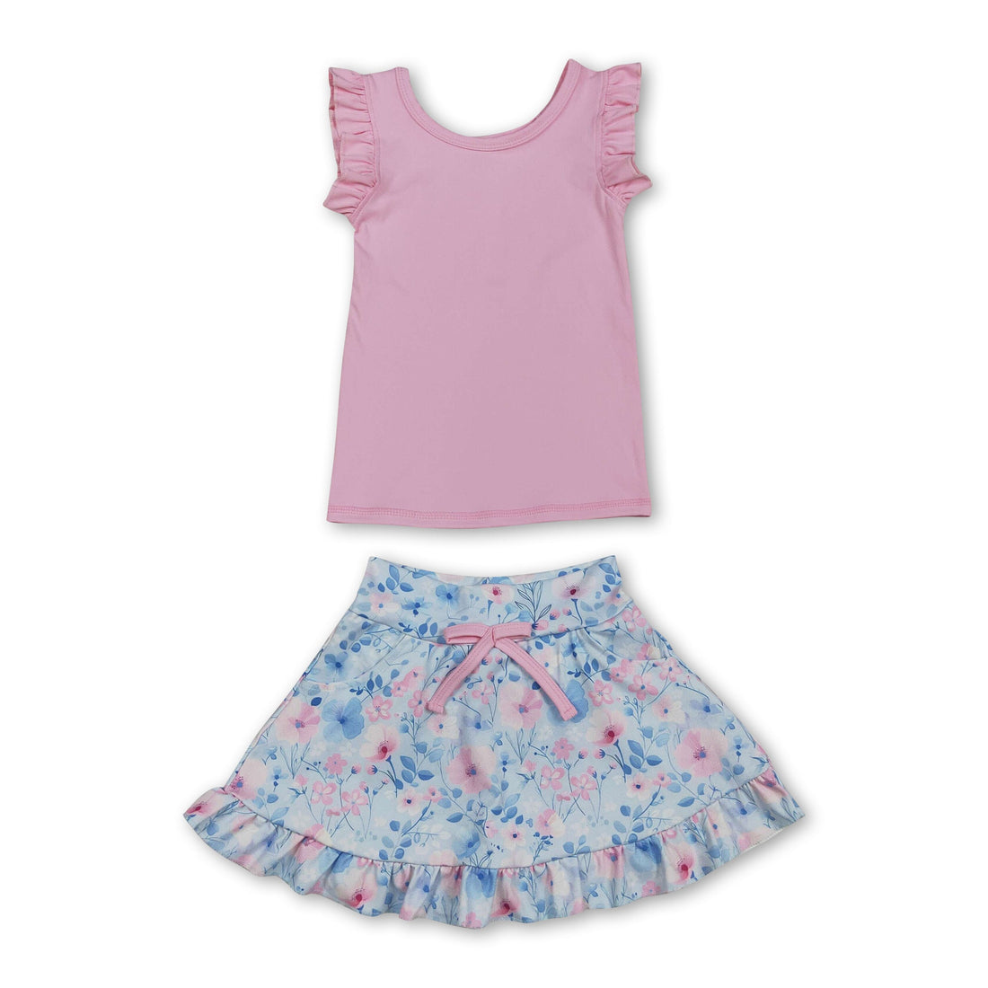 Pink sleeveless top and floral skirt set for girls, Mini Rodeo active wear, showing the outfit laid out on a flat surface.