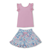 Pink sleeveless top and floral skirt set for girls, Mini Rodeo active wear, showing the outfit laid out on a flat surface.