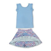 Light blue sleeveless girl’s activewear set with mermaid scale skirt and short sleeves by Mini Rodeo, perfect for active play.