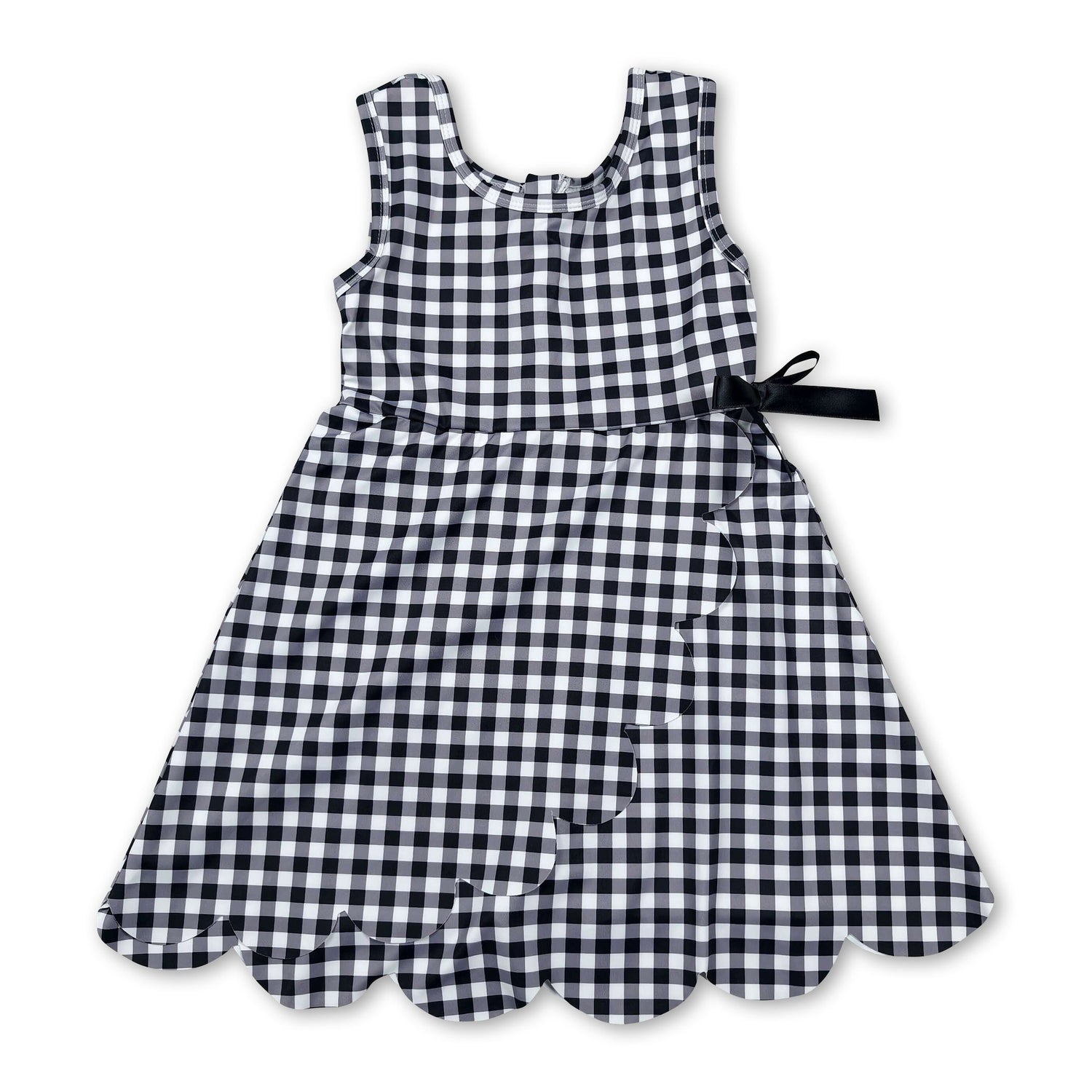 Sleeveless black plaid scallop kids girls athletic dresses