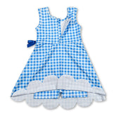 Light blue plaid sleeveless scallop dress for girls by Mini Rodeo, featuring a short sleeve athletic style with scalloped hem.