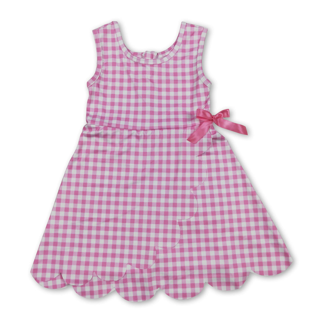 Pink plaid sleeveless scallop athletic dress for girls by Mini Rodeo, featuring a short sleeve style and playful scalloped hem.