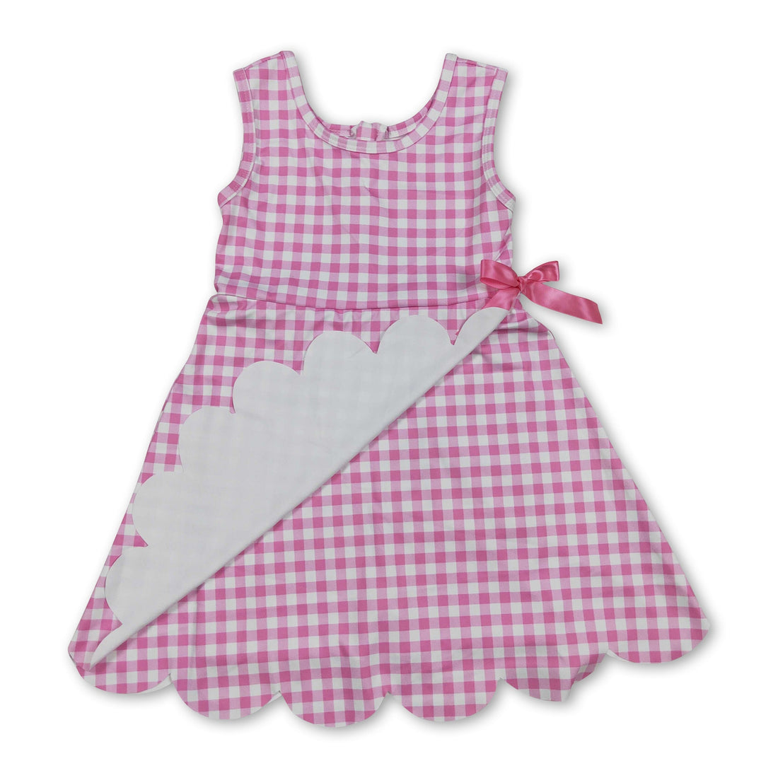 Pink plaid scallop sleeveless athletic dress for girls by Mini Rodeo, featuring a short sleeve design and playful scalloped hem.