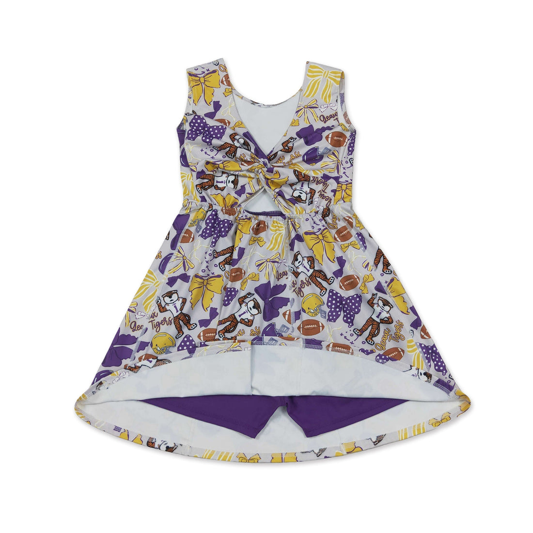 Sleeveless bow tiger kids girls team athletic dress by Mini Rodeo, featuring a short sleeve design with playful tiger print.