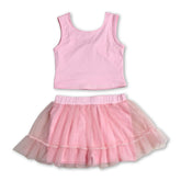 Pink sleeveless backless girl’s active wear set with tulle skirt and short sleeves, from Mini Rodeo.