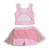 Pink sleeveless backless top and tulle skirt set for girls, featuring a short-sleeve design by Mini Rodeo, perfect for active wear.