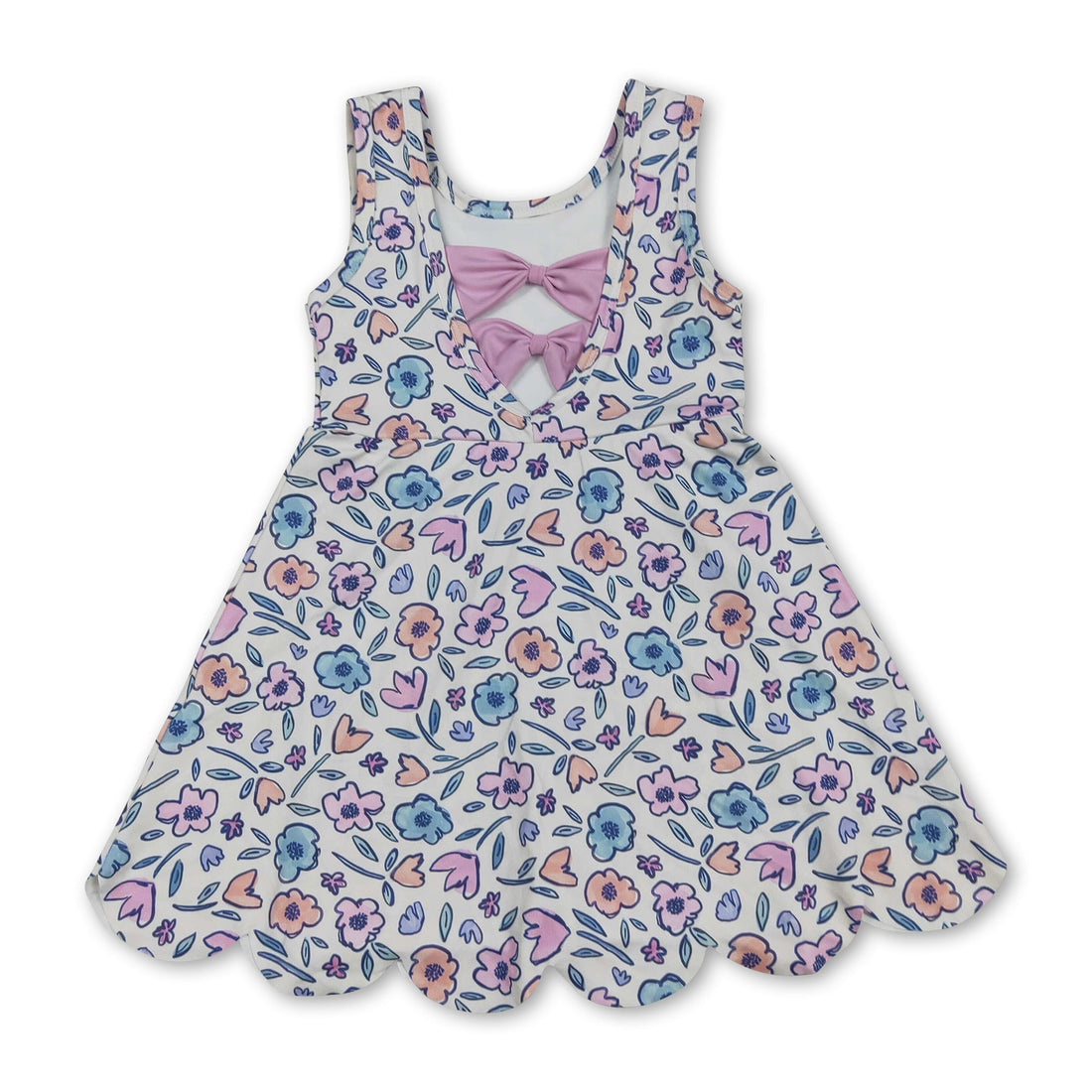 Kids girls sleeveless floral scallop summer athletic dress by Mini Rodeo, featuring a short sleeve design with a playful floral pattern.