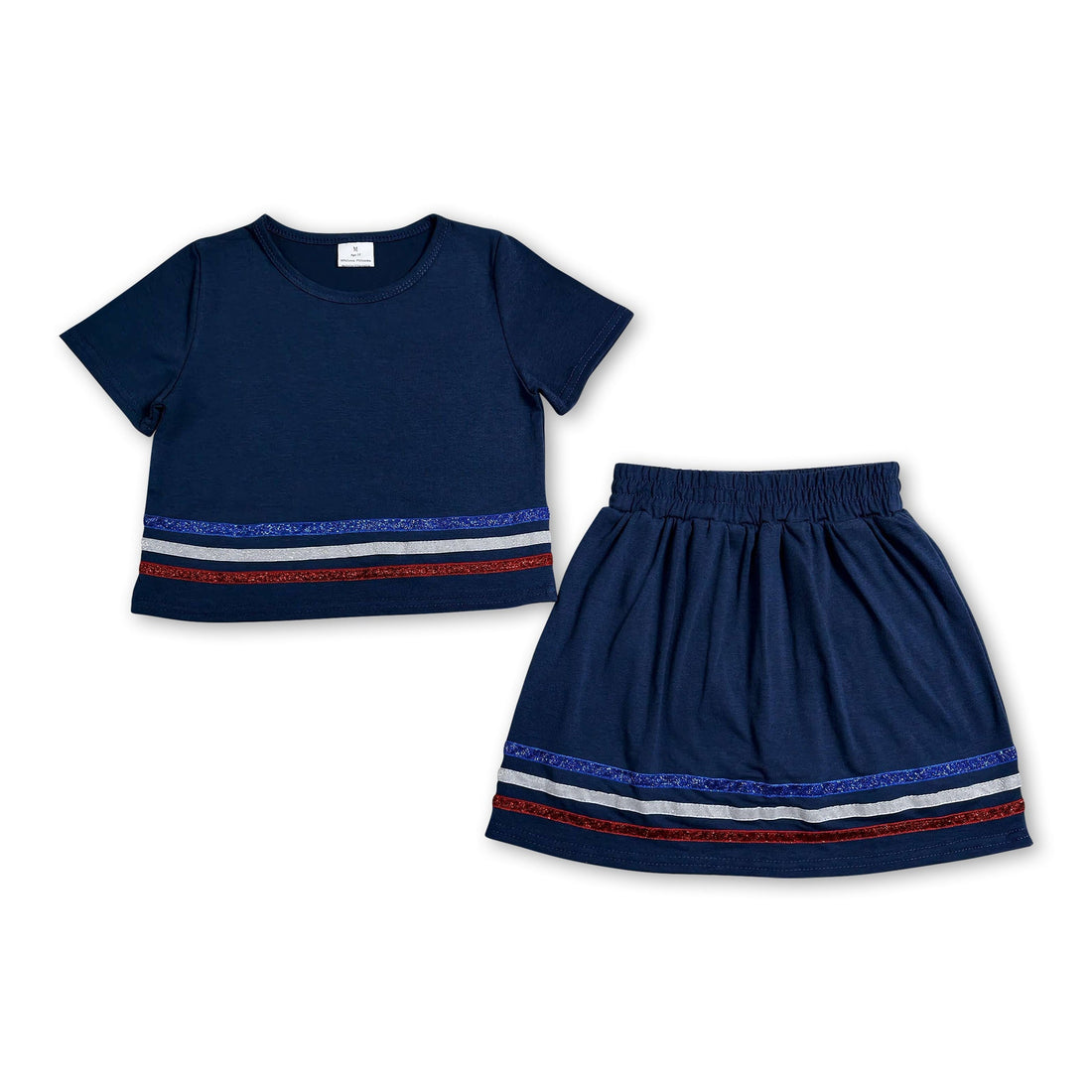 Navy short sleeve stripe cotton top and skirt set for girls, Mini Rodeo kids’ outfit, casual summer clothing for children.