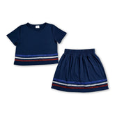Navy short sleeve stripe cotton top and skirt set for girls, Mini Rodeo kids’ outfit, casual summer clothing for children.