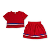 Mini Rodeo girl short sleeve stripe cotton top and skirt set, bright red with playful patterns, perfect for kids&