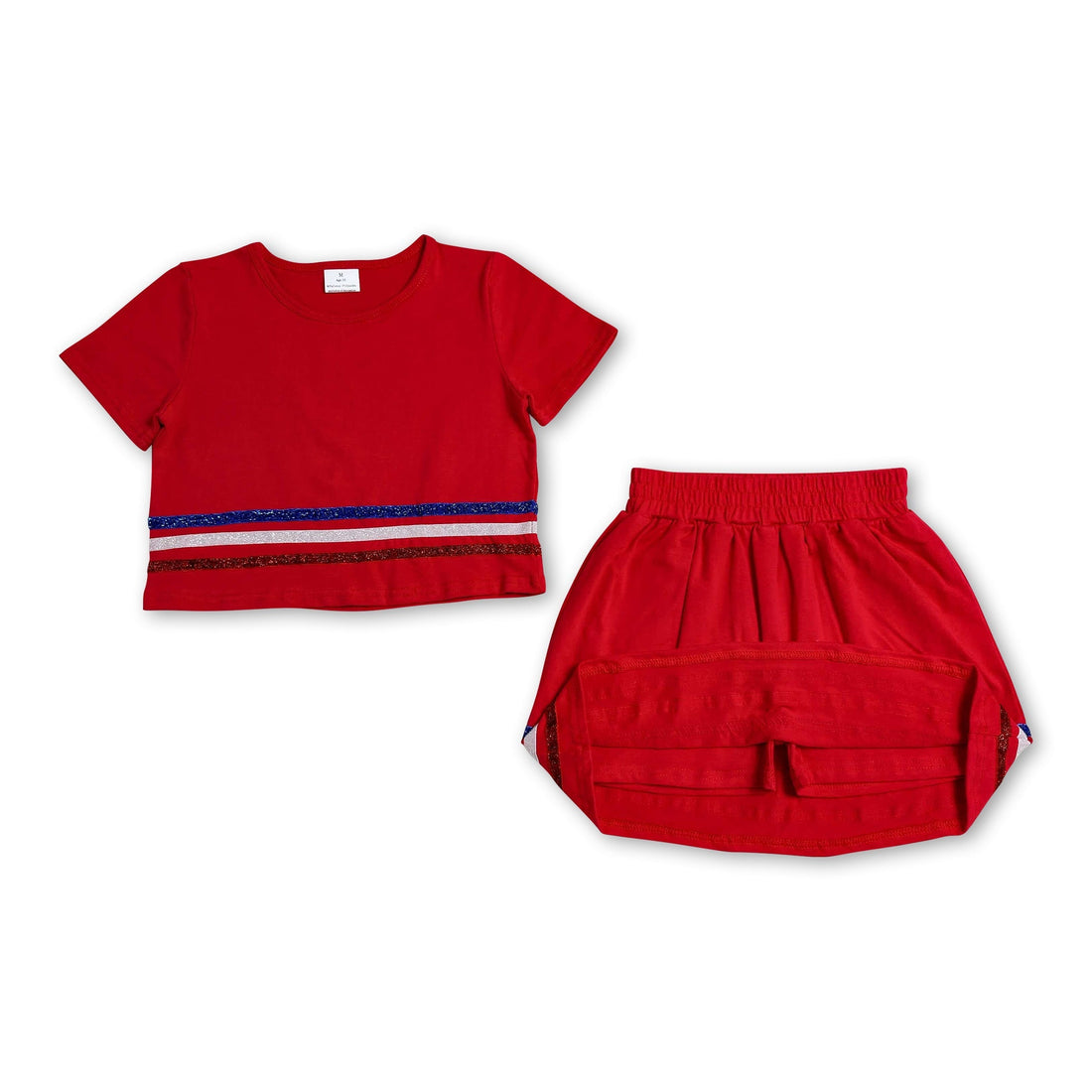Red short-sleeve striped cotton top and skirt set for girls by Mini Rodeo, perfect for kids&