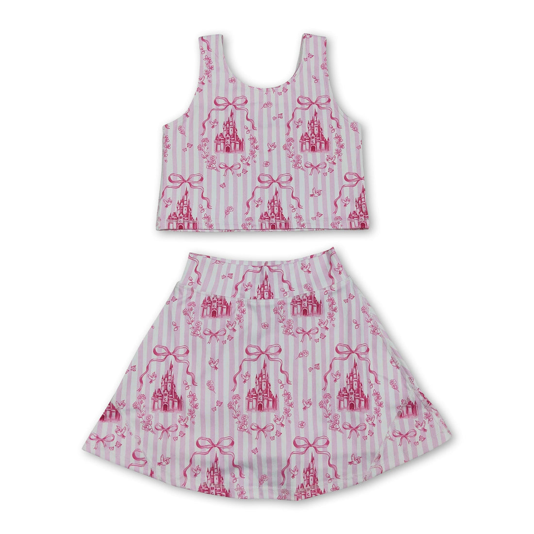 Pink striped crop top and bow skirt set for girls, summer active wear by Mini Rodeo, featuring short sleeves and playful style.